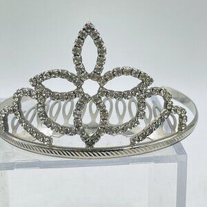 Girls Tiara Silver Tone Metal Rhinestone Headpiece Comb Small Crown Wedding
